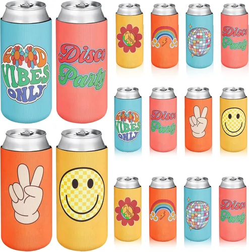 Miniatura 8 de Preboun Enfriadores de latas retro para despedida de soltera, hippies, groovy, decoración de discoteca de los años 70, fundas temáticas