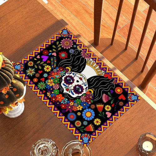 Miniatura 3 de Juego de 4 manteles individuales del Día de los Muertos Dia De Los Muertos, Altar Mexicano de Muertos, decoración y suministros para mesa del hogar