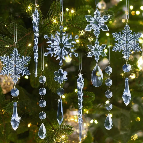 GuassLee 36 piezas Adornos de Cristal para Árbol de Navidad - Copos de Nieve Acrílicos Azules Carámbanos Gota Cristal Adornos Colgantes para Árbol