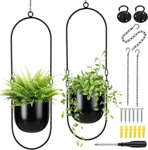 Fumete Juego de 2 macetas colgantes negras con cadenas, colgador de plantas de metal, soporte para macetas de hierro para plantas de interior y