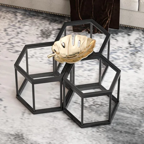 Miniatura 2 de Mesa de centro moderna de cristal, mesa de centro de cristal combinada, sin hexágonos, mesas auxiliares pequeñas con marco de metal para sala