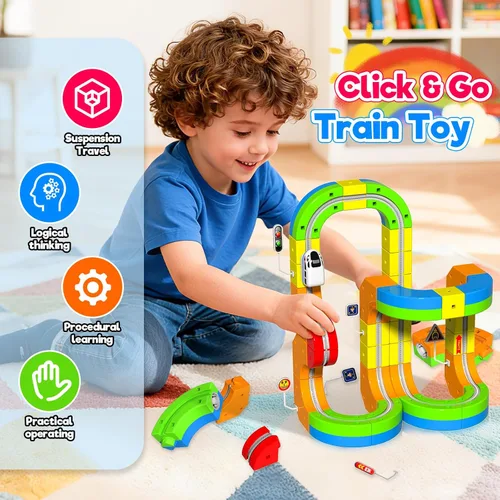 Miniatura 2 de Juego de Tren Eléctrico para Niños, Set de Pista de Carreras 3D de 69 Piezas con Tren Eléctrico, Señales de Tráfico, Set de Juguetes de Tren STEM