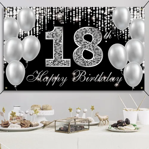 Miniatura 4 de Cartel de fondo de 18 cumpleaños, decoraciones de feliz cumpleaños 18 para niños y niñas, negro y plateado para fiesta de cumpleaños de 18 años