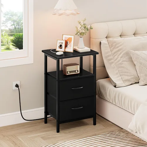 Miniatura 5 de Vagusicc Nightstand with Charging Station, End Table Bedside Table with 2 Fabric Drawers, Black Night Stand with USB Ports & Outlets, 24.2" Tall Bed