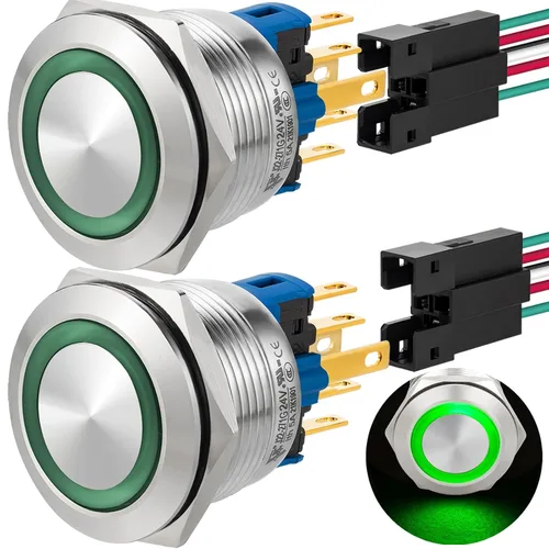 Miniatura 15 de 2 interruptores de botón de cierre de 0.866 in, 7/8 pulgadas, 110 V-120 V, SPDT, interruptor de encendido y apagado, impermeable, IP67, acero Azul