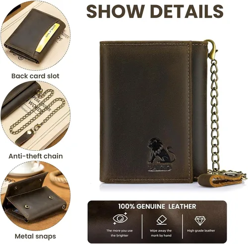 Miniatura 4 de BAIGIO Billetera de cuero genuino con cadena para hombre, con bloqueo RFID, triple pliegue, regalo para el padre