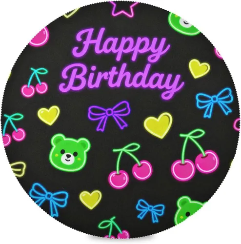 Manteles individuales redondos de color negro a granel con oso de feliz cumpleaños para niños de 15 x 15 pulgadas individuales para mesa de comedor