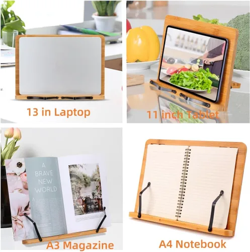 Miniatura 6 de MEGREZ Soporte de libro para lectura (13.2 x 9.4 pulgadas) Soporte de bambú para libros de cocina para cocina, soporte ajustable