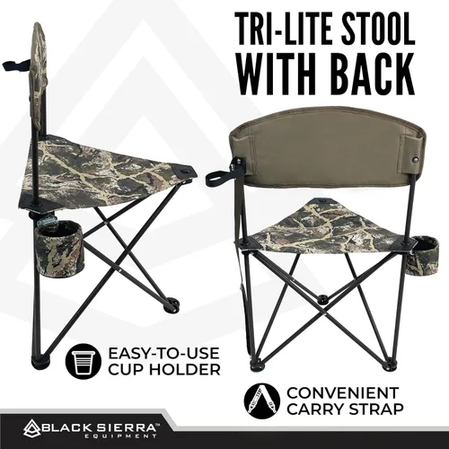 Miniatura 6 de Black Sierra Tri-Lite - Taburete plegable con respaldo y soporte para tazas, silla de pesca y caza portátil ligera con correa de transporte, asiento