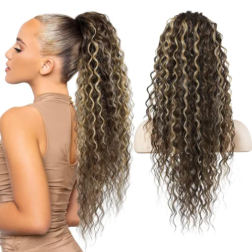 Miniatura 16 de Flufymooz Extensión de cola de caballo, 26 pulgadas, estilo bohemio, con cordón, extensiones de cabello para mujer, cola de caballo larga, rizada