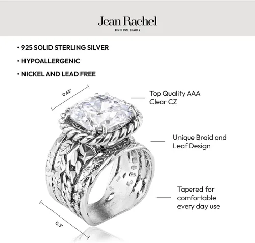 Miniatura 5 de JEAN RACHEL JEWELRY Anillo de plata de ley 925, diseño vintage de trenza y hoja con circonita cúbica acolchada, hipoalergénico, sin plomo ni níquel