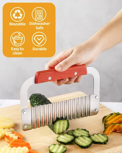 Miniatura 7 de Cortador Ondulado de Acero Inoxidable Rebanador de Papas Resistente Herramientas de Corte Ondulado con Mango de Madera para Zanahorias y Verduras