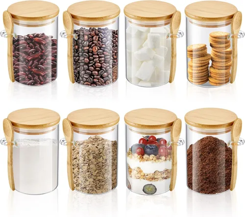 Miniatura 9 de Tessco for you Paquete de 6 tarros de vidrio para especias de 6 onzas con tapas de bambú y cucharas de madera, recipientes de almacenamiento