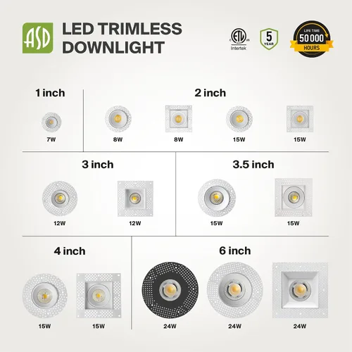 Miniatura 9 de ASD - Lámpara de techo empotrable LED sin bordes de 2 pulgadas, descendente sin lata con caja de conexiones, 5CCT seleccionable 2700K-5000K, 8W 636