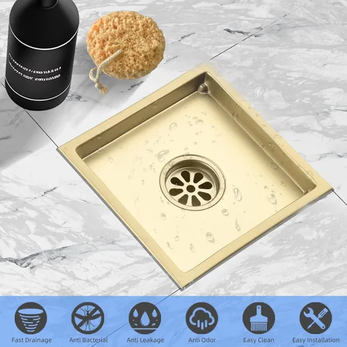 Miniatura 9 de Juego de 2 desagües de ducha de acero inoxidable 304 de 6 pulgadas, kit de drenaje cuadrado dorado cepillado con brida, rejilla de cubierta