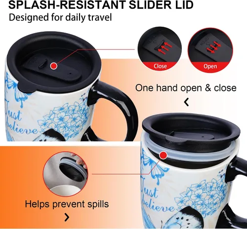 Miniatura 9 de Taza de viaje de cerámica Topadorn con tapa y caja a juego, vaso de café de 17 onzas apto para microondas y lavavajillas, mariposa Solo creer