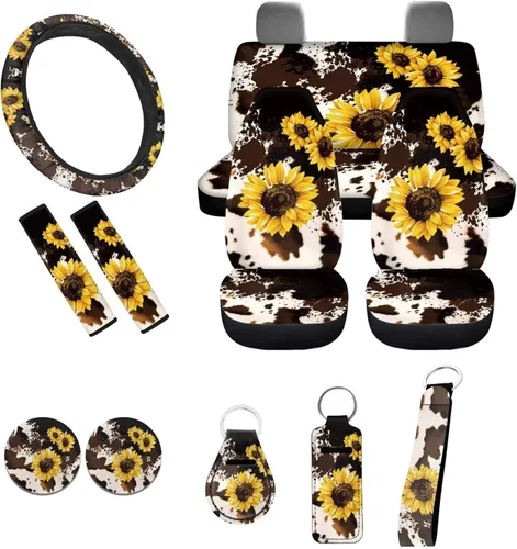 Miniatura 31 de Accesorios estéticos para automóvil, juego completo de fundas de asiento de automóvil con flores bohemias para mujeres, damas, juego de decoración