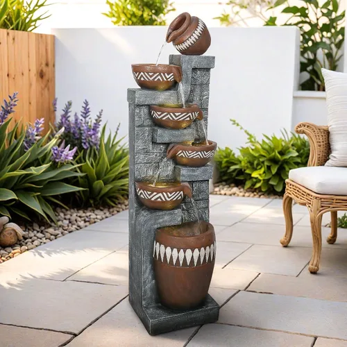 Miniatura 2 de Fuente de agua para exteriores de 6 niveles de 56.6 pulgadas de alto con luces LED, tarros en cascada con diseño inspirado en tribales para jardín