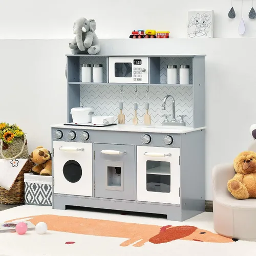 Miniatura 5 de Costzon Juego de Cocina para Niños, Set de Juego de Cocina de Madera de Simulación con Estufa, Refrigerador, Microondas, Fregadero Removible
