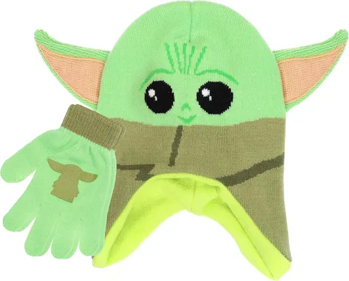 Star Wars Baby Yoda - Gorro de invierno para niños y guantes de nieve o guantes para niños pequeños, 2 unidades, conjunto de guantes suaves y gorro