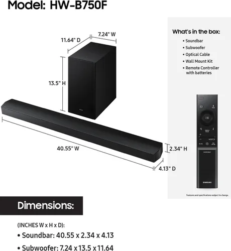 Miniatura 3 de Samsung Barra de sonido de la serie B, subwoofer HW-B750F de 5.1 canales, con subwoofer inalámbrico, DTS Virtual:X 3D Audio, Q-Symphony y modo