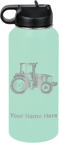 Miniatura 70 de LaserGram Botella de agua personalizada, tractor agrícola, acero inoxidable de doble pared aislada al vacío con popote superior, regalo grabado