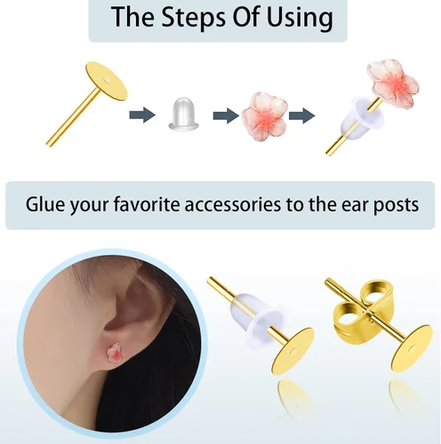 Miniatura 3 de TOAOB - 300 postes y respaldos de aretes de acero inoxidable dorado, hipoalergénicos, de 0.197 in, con goma transparente y parte trasera de aretes
