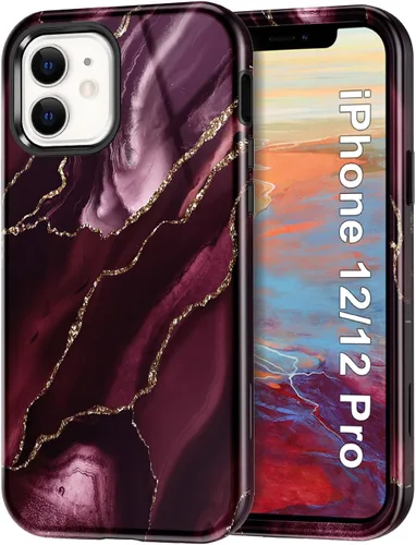 Miniatura 8 de Btscase para iPhone 12/iPhone 12 Pro, funda resistente de tres capas de mármol a prueba de golpes, cuerpo completo, PC duro + parachoques de TPU