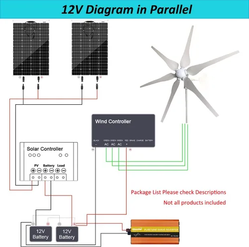 Miniatura 2 de Kit solar de viento de 640 W, kit de carga de batería de 12 V: generador de turbina eólica de 400 W + 2 paneles solares de 120 W + controlador +
