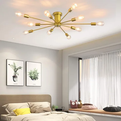 Miniatura 13 de Garwarm Paquete de 2 lámparas de techo Sputnik de montaje industrial semiempotrado de 4 luces, lámpara Sputnik moderna negra y dorada para porche