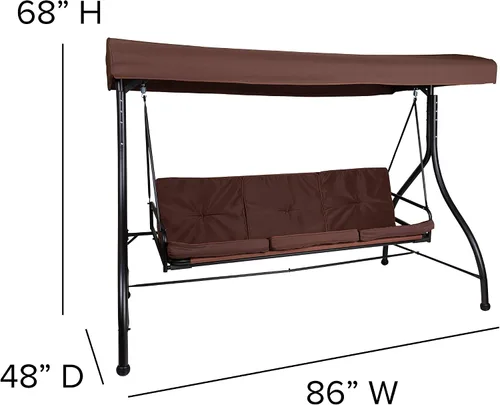 Miniatura 5 de BizChair Hamaca de toldo de columpio de patio de conversión de acero al aire libre de 3 asientos con cojines/cama de columpio al aire libre (marrón)