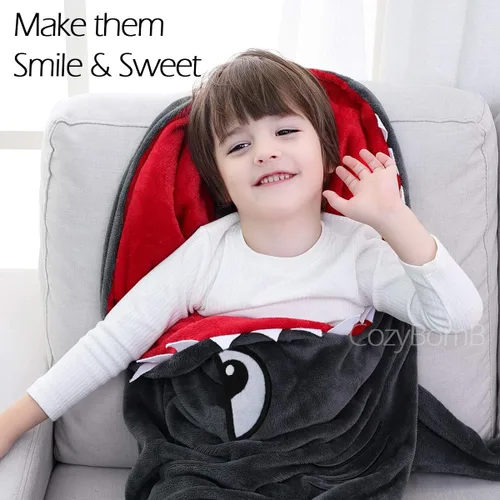 Miniatura 3 de CozyBomB Manta de animales con cola de tiburón para niños, diseño acogedor y suave de una pieza, manta de felpa duradera sin costuras