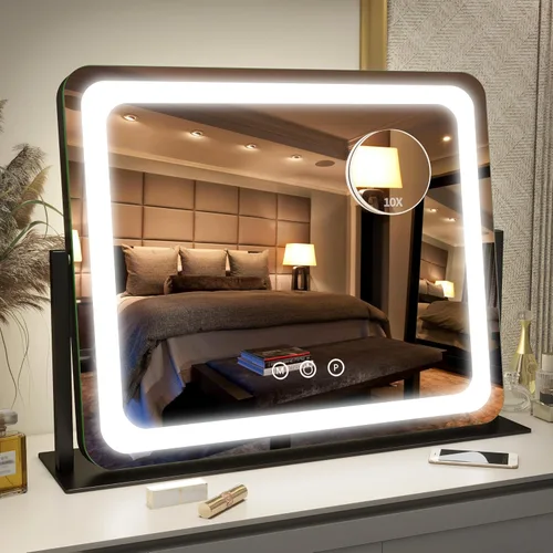 FENNIO - Espejo de tocador con luces, espejo de maquillaje iluminado LED, pantalla táctil con 3 modos de iluminación, regulable, para mesa de