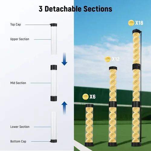 Miniatura 4 de NEEWER Tolva de tubo para pelotas de tenis y pelotas de pickleball, sección desmontable sin doblez, recogedor superior con tapón y correa
