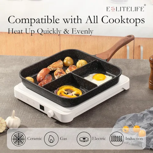 Miniatura 4 de Eslite Life Parrilla, sartén antiadherente dividida de 11 pulgadas para cocinar en interiores, versátil 3-en-1 de inducción, sartén grande