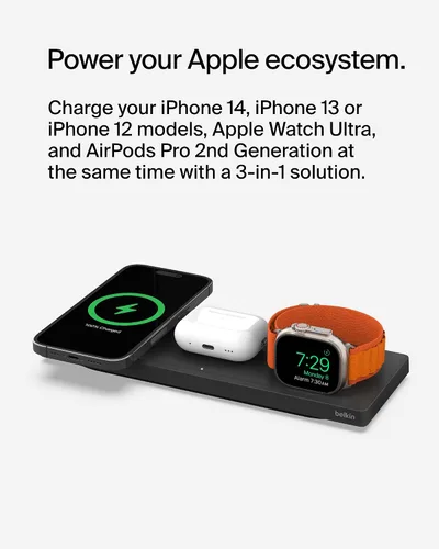 Miniatura 4 de Belkin MagSafe - Almohadilla de carga inalámbrica 3 en 1, carga inalámbrica rápida para Apple Watch, iPhone 17, iPhone 16, iPhone 15, iPhone 14 Negro