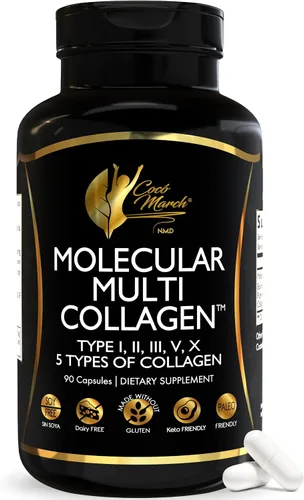 Cocó March N.M.D. Molecular Multi-Collagen - Tipos I, II, III, V y X - Soporte para cabello, piel, uñas y articulaciones para mujeres y hombres -