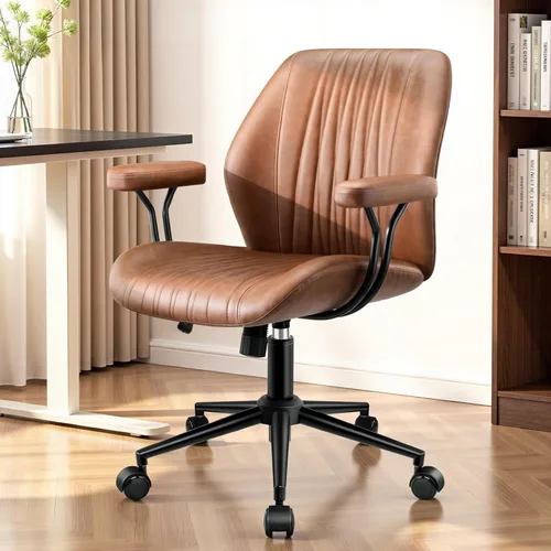 HeroSet Silla de oficina de cuero con reposabrazos extraíbles, silla de escritorio ergonómica de respaldo medio con soporte lumbar, silla ejecutiva