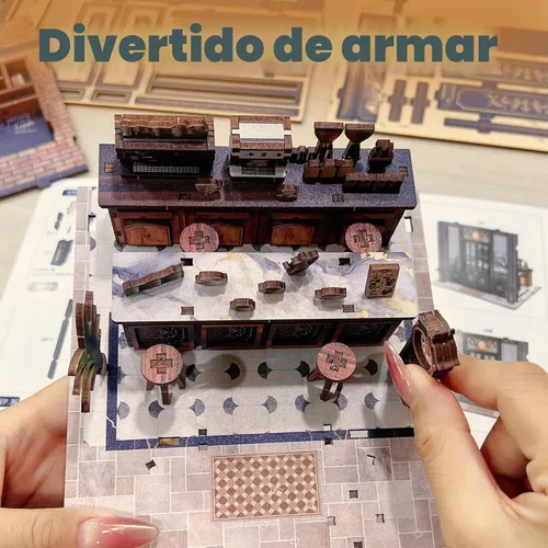 Miniatura 4 de Kit de rincón de libros para cafetería, kit de casa en miniatura con luz LED para adultos y adolescentes, rompecabezas de madera 3D, rincón