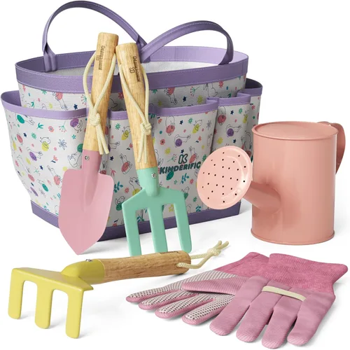 Miniatura 9 de Juego de jardinería, kit de herramientas, para niños, STEM, incluye bolsa de mano, pala, regadera, rastrillo, tenedor, paleta y guantes (Petal)