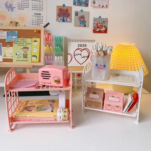 Miniatura 7 de organizador de escritorio para cosméticos y papelería, estante multifuncional de 2 niveles, organizador de maquillaje para cuidado de la piel