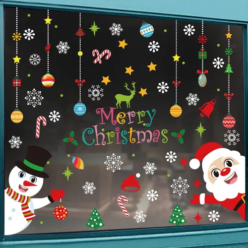Miniatura 7 de KIMOBER 150 piezas de calcomanías de Navidad para ventana, muñeco de nieve de Papá Noel, bolas de Navidad, decoración de vidrio para suministros