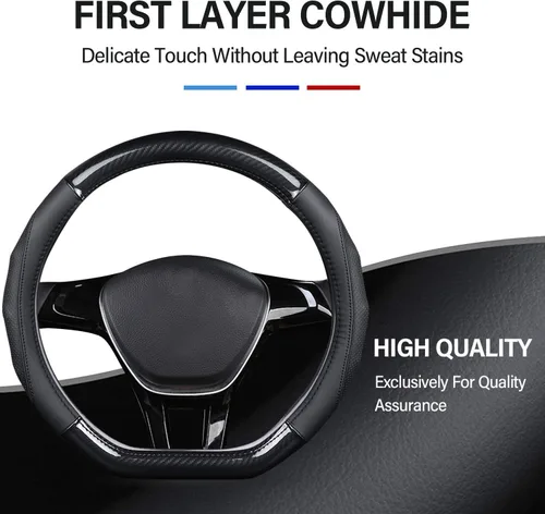 Miniatura 2 de Ergocar Funda para Volante de Coche Antideslizante Protector de Volante Deportivo en Forma de D de Fibra de Carbono y Primera Capa de Cuero de Vaca