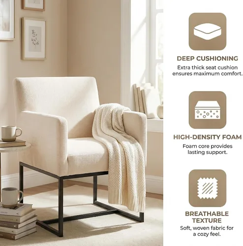 Miniatura 4 de HNY Juego de 6 sillas de comedor tapizadas modernas de mediados de siglo con brazos, sillas decorativas de lino con marco de metal con acabado Marco