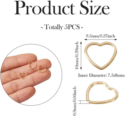 Miniatura 3 de Mega Pet 5 anillos de latón en forma de corazón, chapados en oro de 14 quilates, dije de latón de corazón hueco de San Valentín, dijes colgantes