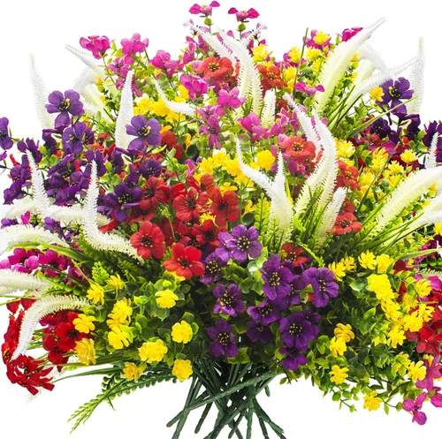 Flores artificiales realistas para exteriores, resistentes a los rayos UV, paquete de 20 plantas colgantes falsas resistentes a la intemperie y a la