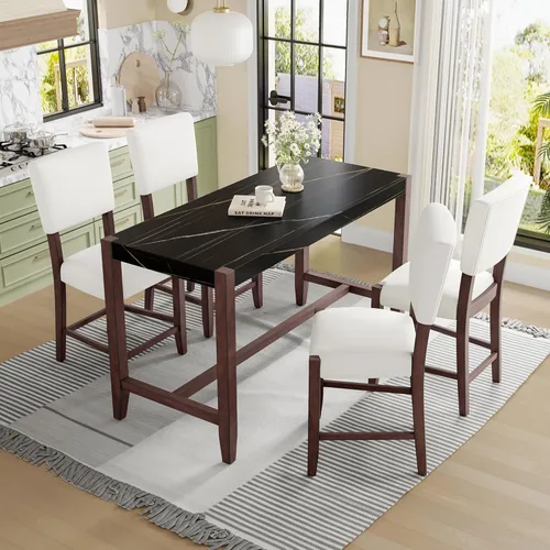 Miniatura 10 de JIVOIT Juego de mesa de comedor de 3 piezas con altura de mostrador, juego de comedor de madera maciza con 2 taburetes tapizados, mesa de comedor