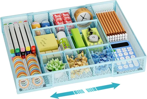 Miniatura 9 de Marbrasse Organizador de Cajón de Escritorio Expandible, Bandeja Organizadora de Cajón de Malla con 10 Compartimentos Ajustables, Organizadores