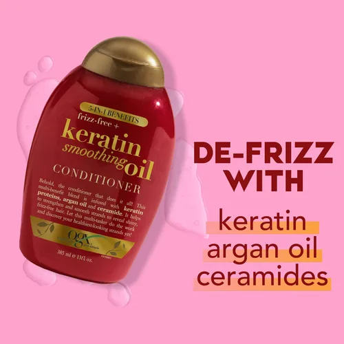Miniatura 4 de OGX Acondicionador de aceite suavizante sin encrespamiento + queratina, 5 en 1, para cabello encrespado, cabello brillante, 13 onzas líquidas