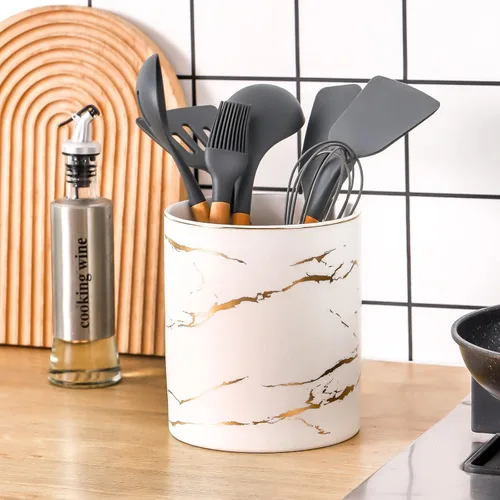 Miniatura 2 de Soporte para utensilios de cocina de mármol de 7 pulgadas, organizador grande de utensilios de cocina, de mármol dorado y blanco, soporte